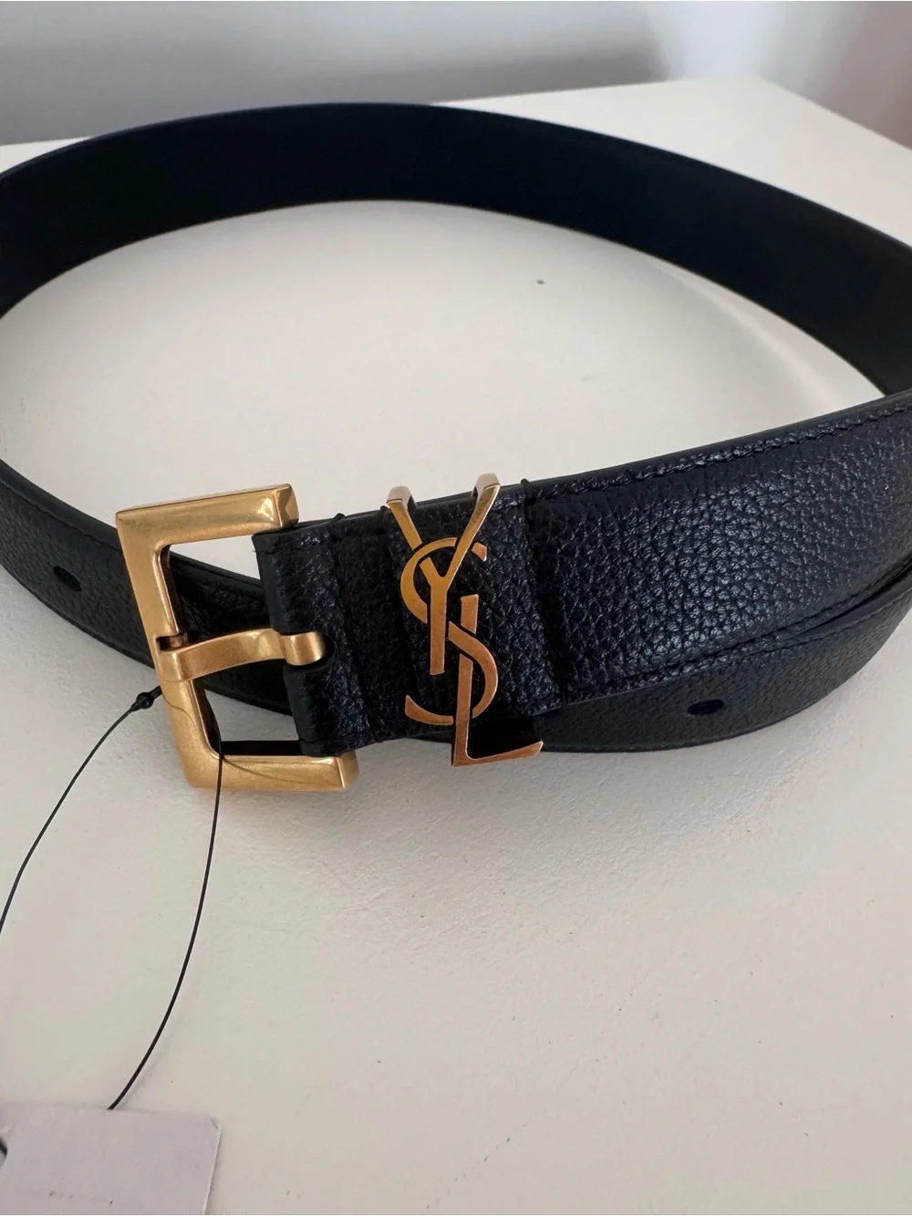 Saint Laurent Black Pebbled Leather Belt with Gold YSL Accent